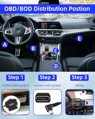 YANBORONSN Kabel zasilający OBD do kamery Dash Camera, OBD2 do 90 stopni, adapter USB C, kabel do ładowania z przełącznikiem, przyciskiem, 24 godziny monitorowania i tryb Acc 2 12-24 V do 5 V/3 A