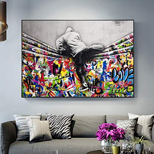QWEWQE Wall Art Hinter Dem Vorhang Leinwand-Malerei, Street Art Banksy Graffiti Poster HD-Wandkunst Bilder und Druck, Wohnzimmer dekor Wandbilder Ungerahmt (A,70x90cm) Cover