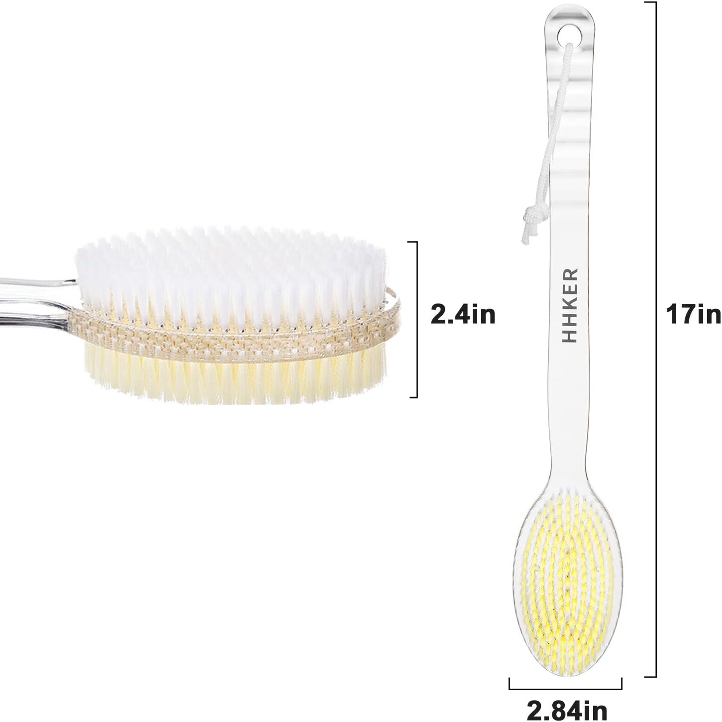 HHKER Shower Body Brush with Long Handle, Soft Nylon Body Brush, Stiff Bristle Back Brush, Back Scrubber for Shower, Gentle Exfoliation and Improved Skin Health (Transparent Handle)