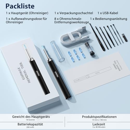 Ohrenschmalz Entferner Otoskop, Robofun Ohrenreiniger Mit Kamera, 1000W HD WiFi 360°-Weitwinkel Ohrreiniger mit 6 LEDs für iPhone, iPad und Android-Smartphones, für Baby Kinder Erwachsene (Schwarz)