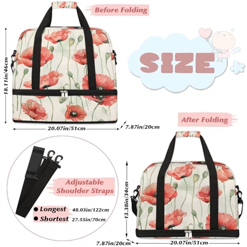 Travel Duffel Bags Watercolor Poppy Foldable Weekender Bags for Women with Shoes Compartment Waterproof & Tear Resistant Carry on Overnight Luggage Duffel Bag Shoulder Sports Tote Bag2