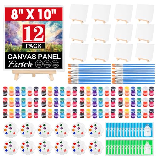 ESRICH 12 Pack 8x10 Canvas and Easel Set, Mini Acrylic Paint, Paint Brushes, Palettes, Aprons,...