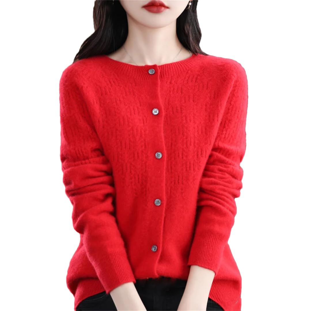 Cardigan da donna in lana merino, a maniche lunghe, traforato, senza cuciture, in cashmere, lavorato a maglia