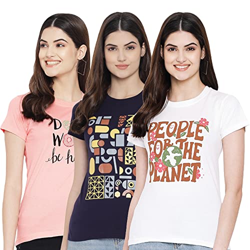 Image of Preneum Women's Cotton Regular Fit Graphic Stylish Printed Short Sleeves Casual T-Shirt || Trendy & Style (Pack 3)