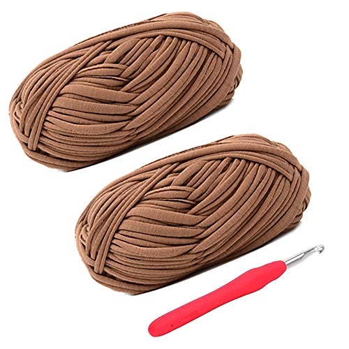 Knitting Yarn Fabric Cloth T-Shirt Yarn Carpet Yarn for Hand DIY Bag Blanket Cushion Crocheting Projects, Pack of 2 Skeins, 3.5 Ounce x 2, 35 Yard x 2, One Crochet Hook (Brown)
