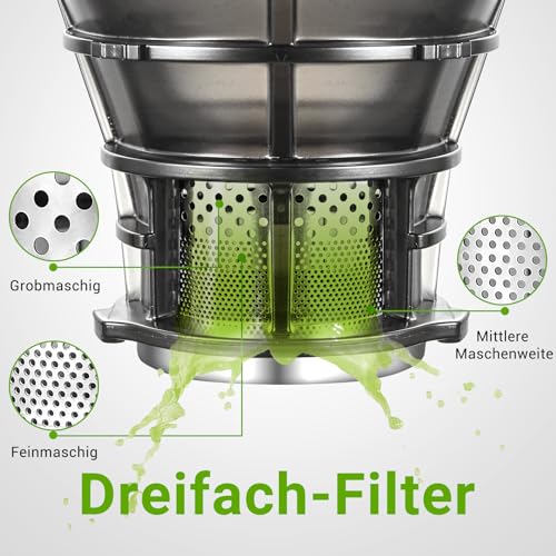 AMZCHEF 250W Automatischer All-In-One Entsafter, 135MM Öffnung und 1,8L entsafter für Gemüse und Obst, Entsafter Slow Juicer Testsieger mit Dreifachem Filter - Silber – Bild 6