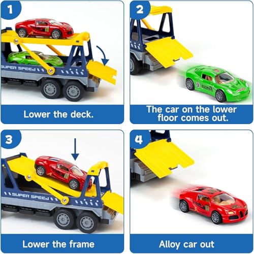 Image of Friction Powered Car Carrier Transport Truck Toys for Kids Boys Girls 1:43 Die Cast Model Double Deck Tow Truck Miniature Trailer Toy Pull Back Vehicle (Multicolor, Pack of 1)