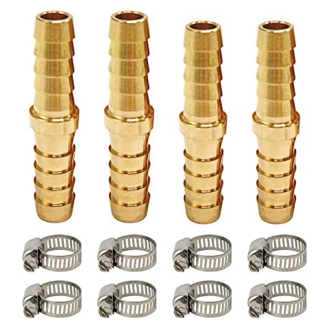 Barb Splicer Mender Kit 12PCS, LIONMAX Brass Barb Union Hose Fittings, include 3/8 Inch Barb (2PCS) + 5/16 Inch Barb (2PCS) + Hose Clamps (8PCS), for Air/Water/Fuel/Oil Cover