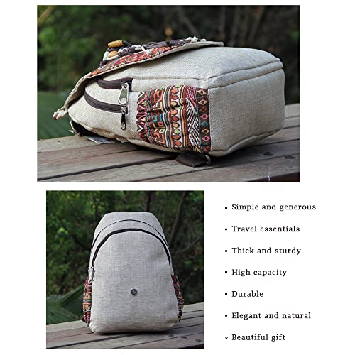 Image of Womens Boho Cotton Hemp Cloth Backpack Boho Vintage Embroidered Casual Purse Handbags Messenger Bag Owl