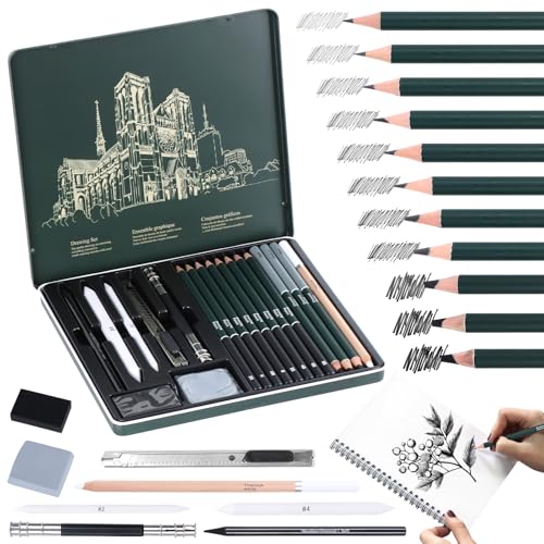 Doygim 19 Stück Zeichenset Professionell Zeichenstifte Professionell Set Bleistift Set mit Graphitstift Kohlestifte Mischwerkzeuge Radiergummis und Zubehör für Erwachsene Künstler und Anfänger