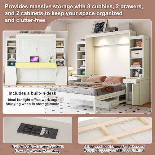 Image of Merax Queen Size Murphy Bed with Desk and Lights, Power Outlet, Foldable Murphy Cabinet Bed with Open Storage Shelves & Drawers, Wood Space-Saving Hidden Wall Bed for Guest Room Office, Antique White