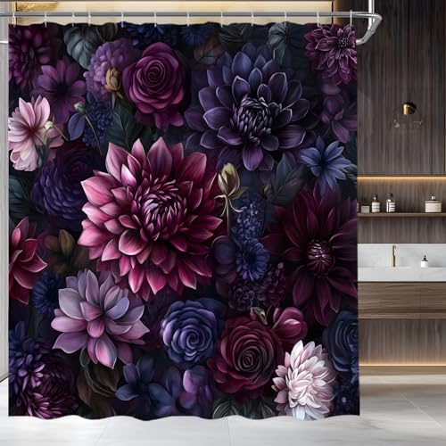 Black Floral Shower Curtain Vintage Purple Pink Watercolor Flower Farmhouse Gothic Boho Aesthetic Fabric Bathroom Decor Set,70x70 inch