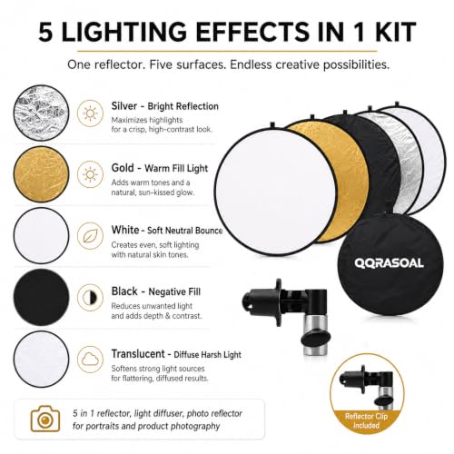 Image of Large 5 in 1 Reflector Photography, 51in /130cm Photo Reflector with Clip