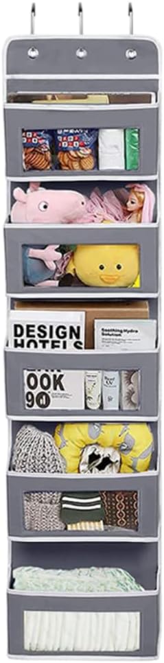 Joyful Moose Over the Door Organizer with 5 Clear Window Pockets – Hanging Behind the Door Storage Rack for Closet, Bathroom, Bedroom, Pantry – Space-Saving Door Organizer Hanging System – Gray
