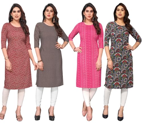 Image of JAKHANA Women's Crepe Printed Casual Straight Calf Length Round Nick Kurta Pack of 4