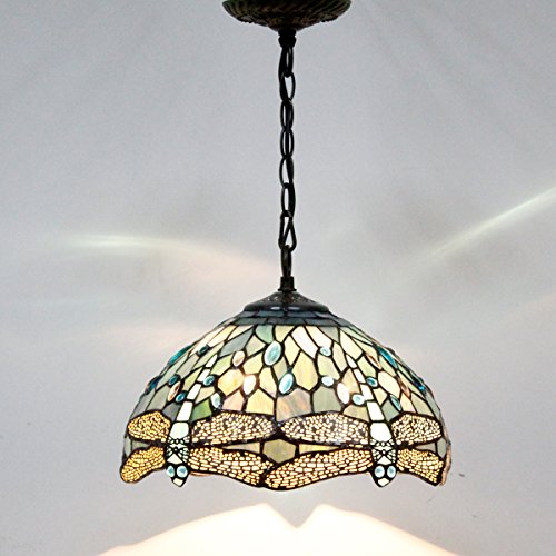 Image of WERFACTORY Tiffany Pendant Light Fixture Stained Glass Hanging Lamp 12 Inch
