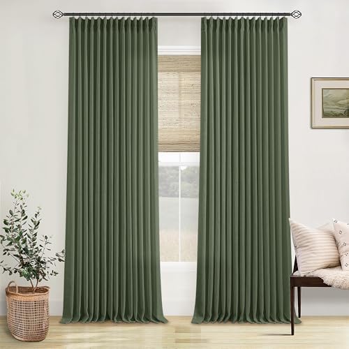 Image of TWODRAPES Olive Green Linen Pinch Pleated Curtains 84 Inches Long 2 Panels for Living Room Bedroom Linen Pleated Hooks Rings Back Tab Light Filtering Loden Moss Green Farmhouse Drapes 84 Inch Length