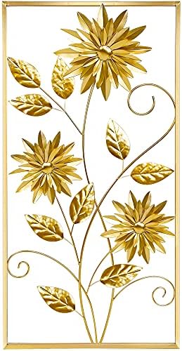 Meekear Gold Wall Sculptures, 39 Inch Golden Rectangular Metal Wall Decor with Frame, Gold Metal Flower Wall Art Sculpture for Living Room, Bedroom, Office, Study, Large (Golden-1 Pack)