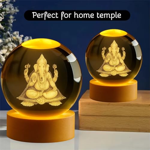 Image of One94Store 3D Crystal Ball Night Lamp - Engraved Ganesh Ji LED Light, USB-Powered Table Lamp with Wooden Base, Romantic Home & Office Decor, Bedroom, Anniversary, Birthday Gift (Warm White)
