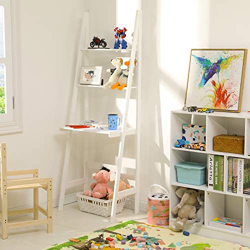 Itaar 3-Tier Ladder Desk, Ladder Stand Shelf Bookcase with Storage Shelves, Study Wall Shelf with Wooden Frame, Modern Ladder Computer Desk and Bookshelf for Home Office, White