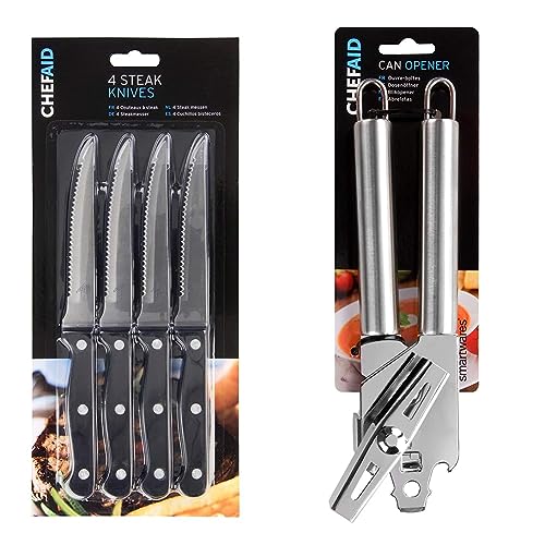 Image of Chef Aid Stainless Steel Serrated Steak Knife Set, 4 Durable Multipurpose Kitchen Knives with Comfort Grip, Ergonomic - Non-Slip, Rust Resistant, Sharp Dinner Table Knife Set Can Opener