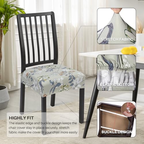 Image of SearchI Dining Chair Seat Covers Set of 4, Stretch Removable Chair Covers for Dining Chairs, Kitchen Chair Covers Protector(Green Grey Flower)