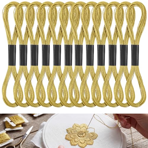 SULIKJHUI 12 Skeins Metallic Gold Embroidery Thread and Floss Shiny & Lustrous Finish for Cross Stitch Friendship Bracelets Sewing Yarn Crafts & String Art Supplies (Gold 8m/315 Inches)