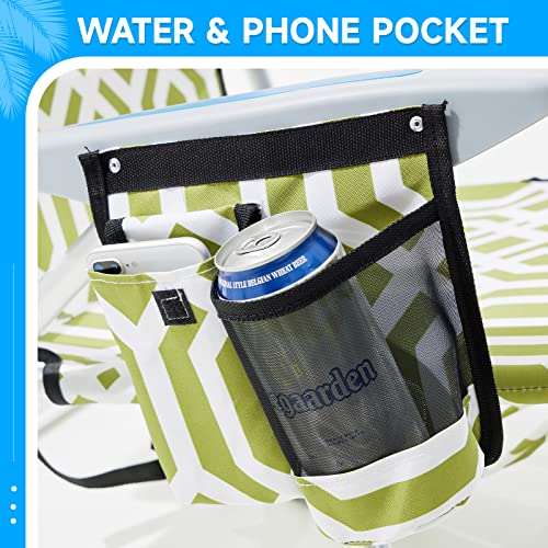 Canpsky Portable Beach Chair For Adults, Outdoor Lightweight Camping Chair Lay Flat Folding Backpack Beach Reclining Chair With 4 Positions, Headrest, Cooler Pouch, Cup Holder, Yellow Green Geometry #TOP4