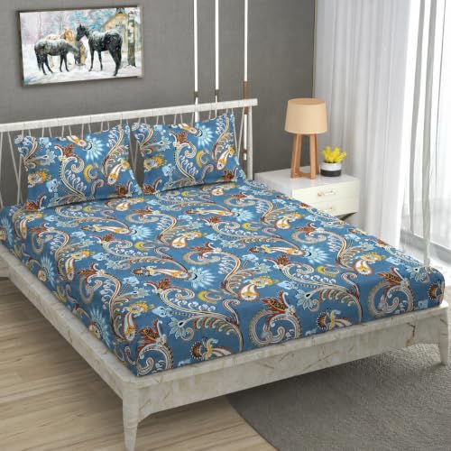 Image of Vram Premium Heavy Cotton Elastic Fitted Bedsheets with 2 King Size Pillow Covers || Double Bed with All Around Elastic 350 TC || 72 x 78 x 10 Inch King Size Fitted || :- Blue Jaipuri