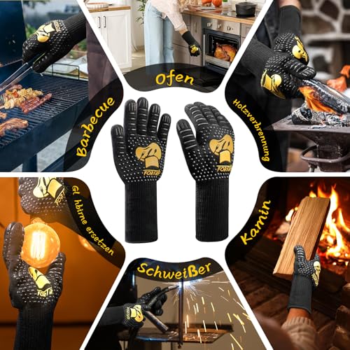 FORTRY Grillhandschuhe Hitzebeständig Bis 800°C,Ofenhandschuhe rutschfest,Backhandschuhe Kochhandschuhe Atmungsaktiv,Feuerfeste Handschuhe Topfhandschuhe Kamin,für Grill BBQ (L-XXL)