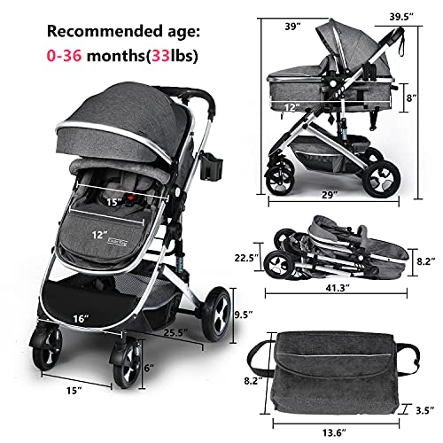 Kinder King 2 In 1 Convertible Baby Stroller, Folding High Landscape Infant Carriage, Newborn Reversible Bassinet Pram, Adjustable Canopy, Diaper Bag, Anti-Shock Toddler Pushchair Dark Grey #TOP6
