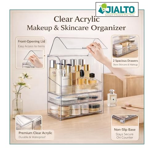 Image of JIALTO Makeup Organizer with Drawer Storage, Transparent Cosmetic Organizer Box with Dustproof Cover, Skincare Perfume Storage Case for Dressing Table, Bathroom Vanity Organiser for Women -Transparent
