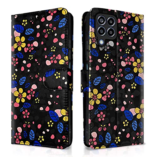 Pikkme Samsung Galaxy M12 / F12 / A12 Flip Cover for Girls Leather Finish | Inside TPU with Card Pockets | Wallet Stand and Shock Proof | Complete Protection Flip Case (Black Flower)- Best and cheap mobile covers in India