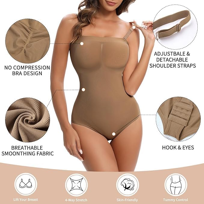 Strapless Shapewear for Women, Tummy Control Bodysuit Under Dress Body Shaper, Coffee, Large - Image 3