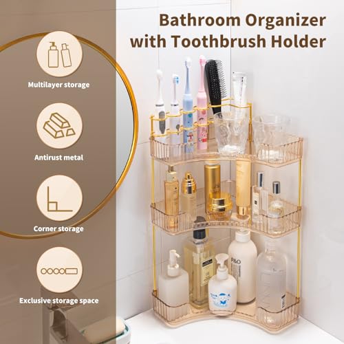 Image of NATURE'S SOURCE Makeup Organizer for Vanity, 3-Tier Corner Bathroom Organizer Countertop with Makeup Brush Holder, Bathroom Counter Storage for Dresser-Amber Gold