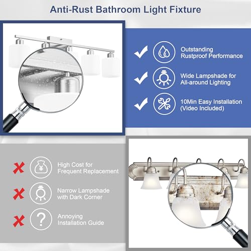 Image of Bathroom Lights Over Mirror Brushed Nickel, Anti-Rust 5-Light Bathroom Vanity Light Fixtures, Modern 28.34Inches Wall Sconces E26 Base, Milky White Glass Shades, Bulbs Not Included