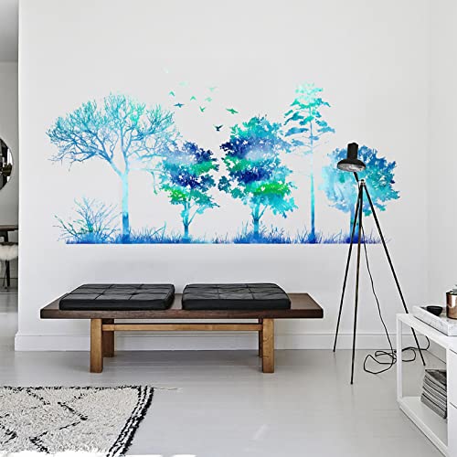 Maydahui Blue Green Watercolor Forest Wall Decal Gradient Color Bird Grass Tree Wall Stickers (15.7*33 Inch) Peel And Stick Removable Art Murals Decor For Bedroom Offices Classroom Living Room Tv Sofa Background #TOP28