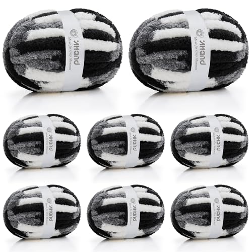 Image of Inhand Chunky Chenille Yarn for Hand Knitting, Thick Bulky Blanket Yarn for Crocheting, Soft Fluffy Yarn for Crochet Gifts & Crafts for Women /Beginners,8 Pack (29.5 yds /8.4 oz Each), Black & Gray