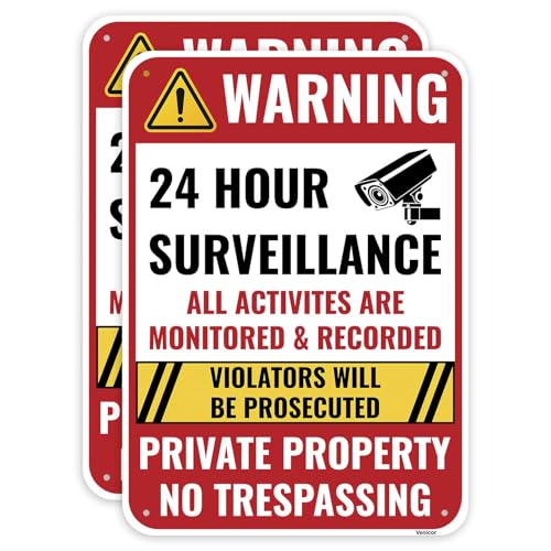 2PC 24 Hour Surveillance Sign 14 x 10 Inches - Aluminum - Private Property No Trespassing - Security Camera Metal Warning Signs