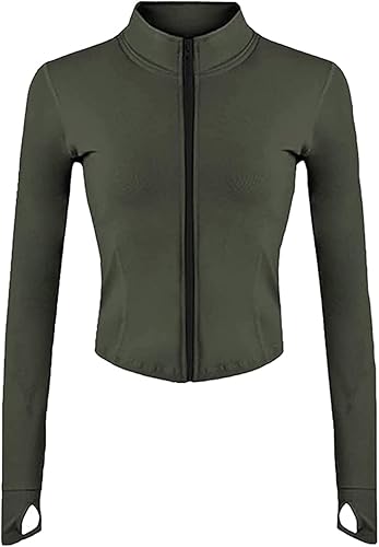 Fenclushy Chaqueta corta y delgada para mujer, con cremallera y agujeros para el pulgar