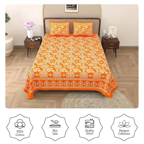 Image of Opulent Collection Double Bedsheet with 2 Pillow Cover | 100% Cotton Bedsheets for Double Bed | Handloom Bedsheet | Size 86x90 inches | King Size (90X102 Inches) (Mango Tango, King)