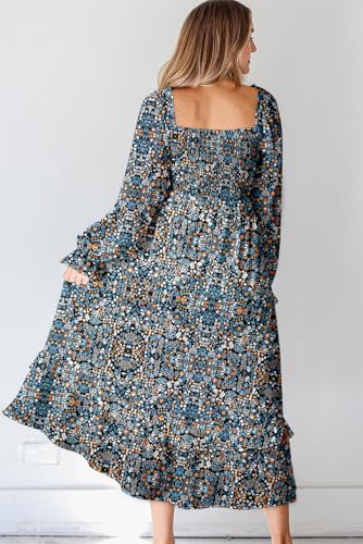 Image of Dokotoo Boho Dresses for Women 2025 Casual Floral Square Neck Long Sleeve Smocked Elastic Waist Tiered Ruffle Hem Maxi Dress