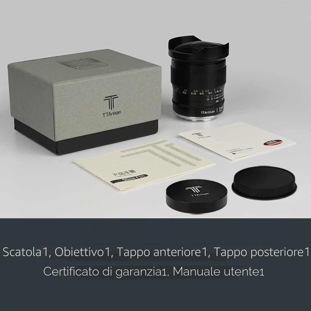 TT Artisan Fisheye - Obiettivo 11 mm f 2.8, compatibile con Sony E Mount ultra grandangolare per formato full frame in alloggiamento in alluminio, angolo di visione 180 gradi, Nero