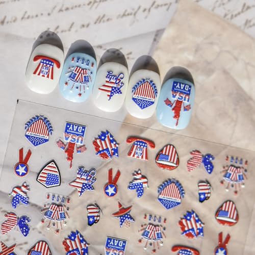 Image of American Flag Nail Art Sticker Decals Star Nail Art Decals with Celebrate Freedom Nail Stickers Nails Supply for Women Girls Kid 5D Self Adhesive Manicure DIY Decoration