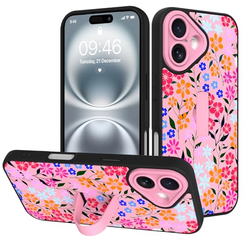 Image of for iPhone 16 Case with Finger Strap Holder, Cute Colorful Floral Flower Print Pattern Design for Women Girls, Shockproof Anti Scratch Hand Kickstand Protective Cover, Pink