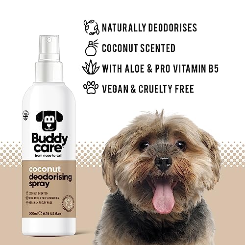 Buddycare Desodorierungsspray für Hunde – Kokosnuss – Süßes und pflegendes Desodorierungsspray für Hunde – Mit Aloe Vera und Pro Vitamin B5 (200 ml, 1 Stück)