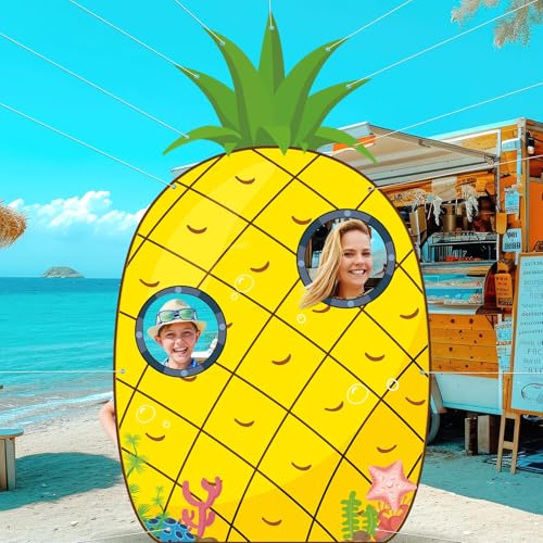 Pineapple Summer Photo Prop Large Yellow Cartoon House Door Banner with 3 Photo Windows Tropical Hawaii Party Supplies Sea Beach Photography Background for Birthday Parties Kids and Pets (80x47)