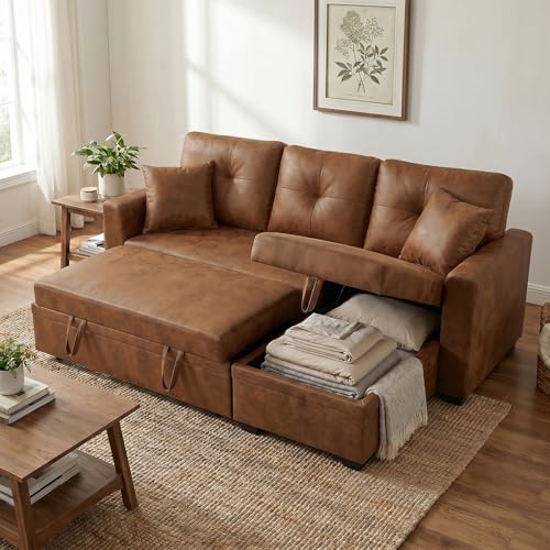 Image of 71 inch Brown Convertible Sofa Bed, L-Shaped Pull Out Couch with Storage Chaise | TYBOATLE, Sleeper Sofa Bed, Pull Out Couch Bed, Reversible Storage Chaise, Linen Fabric, Living Room, Apartment, Guest Room