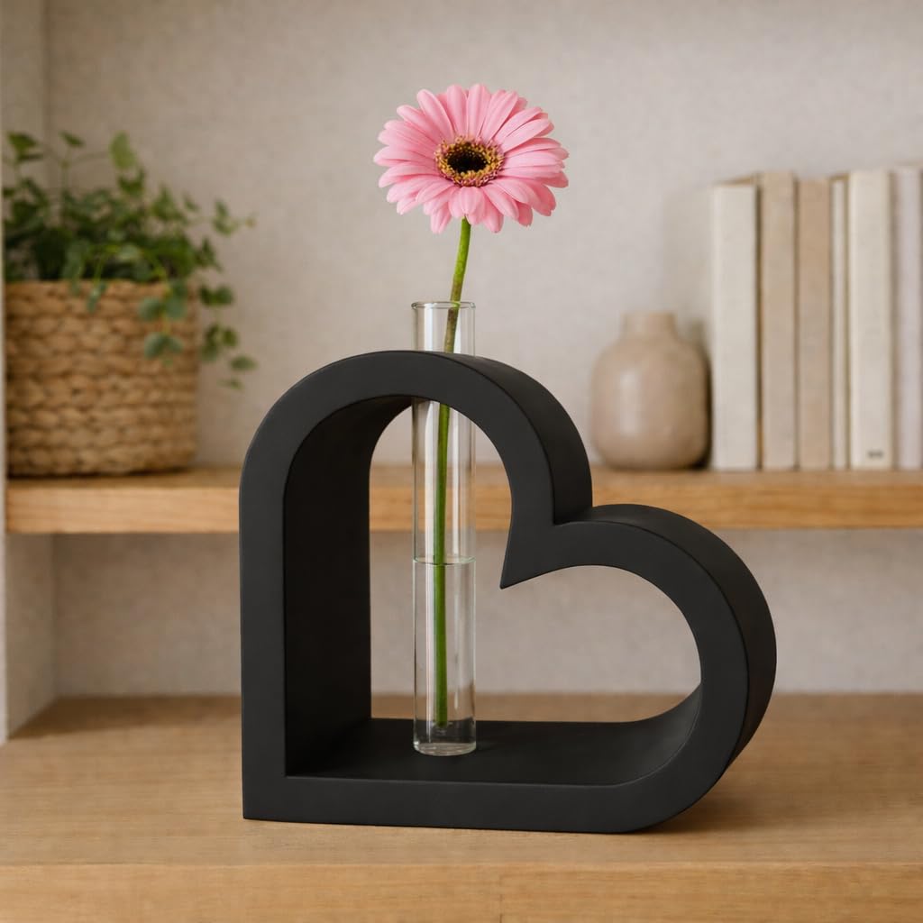 Herz-Vase mit Reagenzglas, Minimalistisches Modernes Design, Geschenk für Hochzeit, Geburtstag, Valentinstag, Weihnachten, Geschenk für Freundin/Freund, Mutter/Vater, Schwester/Bruder (Schwarz)