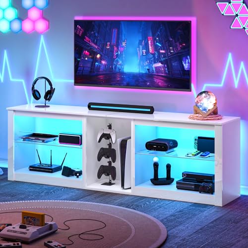 Clikuutory Modern 63 inch TV Stand with LED Lights for 50 55 60 65 70 75 inch TVs, High Gloss Entertainment Center for PS5, TV Cabinet with Glass Shelves for Living Room, Bedroom, Bright White